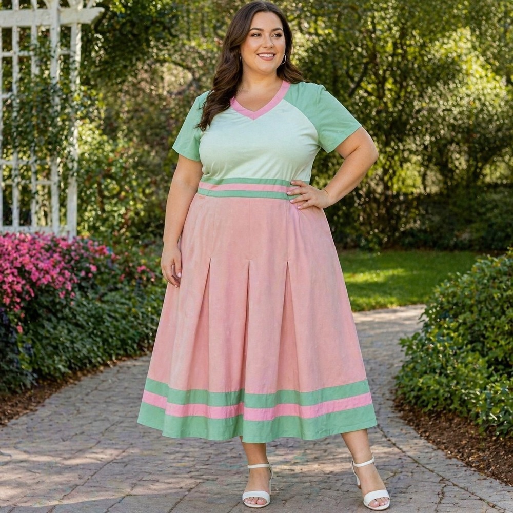 Zapelle Midi Dress Women's 1X/16W Pink Mint Colorblock Cottagecore Retro Pleated